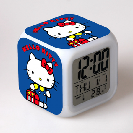 Digital Alarm Clock for Kids, Cartoon Hello Kitty Pattern 7 LED Color Changing Wake Up Clock with Thermometer Function and Night Light, Gift for Boys Girls A93-470