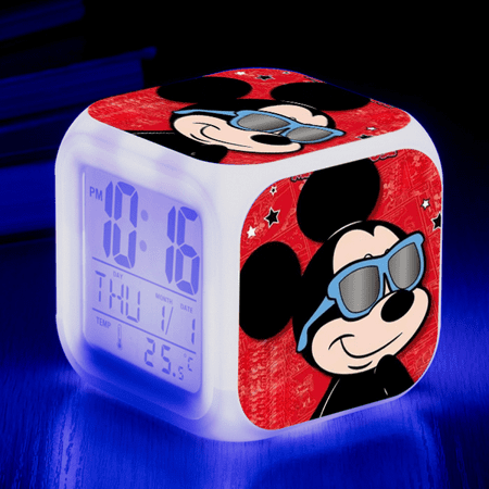 Digital Alarm Clock for Kids, Cartoon Mickey Mouse Pattern 7 LED Color Changing Wake Up Clock with Thermometer Function and Night Light, Gift for Boys Girls A93-1553