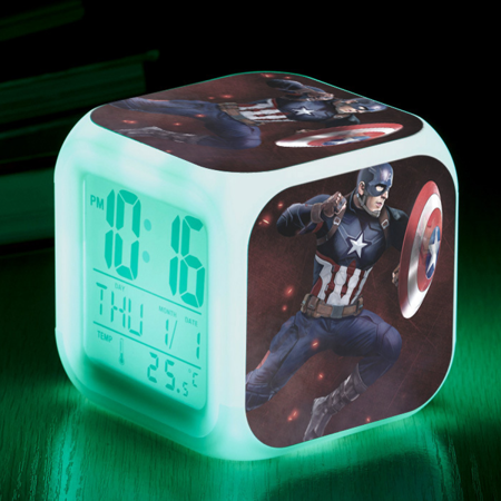 Digital Alarm Clock for Kids, Cartoon Steve Rogers Pattern 7 LED Color Changing Wake Up Clock with Thermometer Function and Night Light, Gift for Boys Girls A93-1447