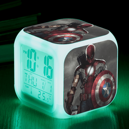 Digital Alarm Clock for Kids, Cartoon Steve Rogers Pattern 7 LED Color Changing Wake Up Clock with Thermometer Function and Night Light, Gift for Boys Girls A93-1442