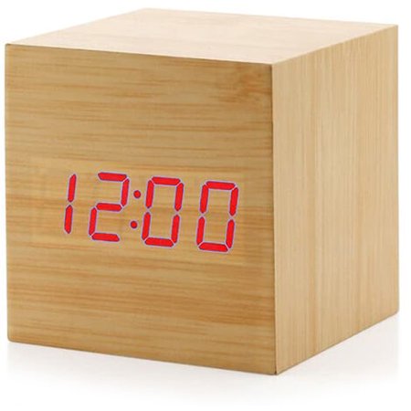 Digital Alarm Clock, Mini Modern Cube Desk Alarm Clock with Wooden LED Light, Displays Time and Temperature for Kids, Bedrooms, Home, Dorms, Travel