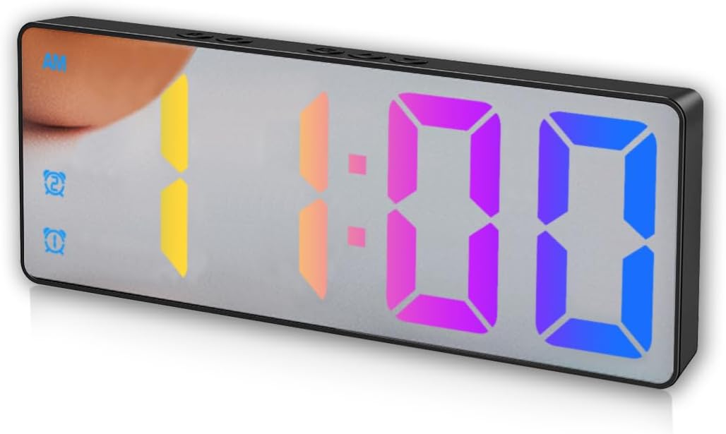 Digital Alarm Clock, Mirror Surface Colorful LED Electronic Clocks Large Display, Adjustable Brightness, Voice Control, Dual Power Supply, Snooze Model for Bedroom, Office, Black Case