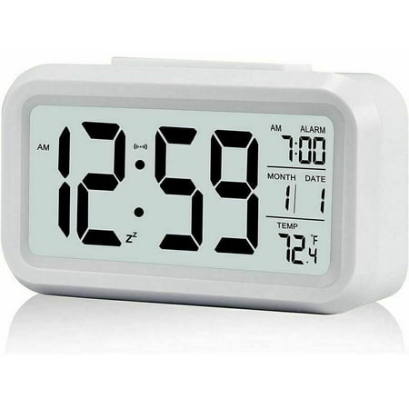 Digital Alarm Clock Morning Alarm Clock, Silent Battery Operated Digital Alarm Clock for Kids Adults Large LED Display Temperature Calendar(White)