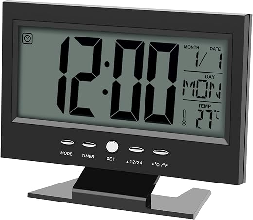 Digital Alarm Clock with Large Display,LCD Digital Sound Sensor Table Desk Alarm Clock with Calendar and Temp Display(Black)