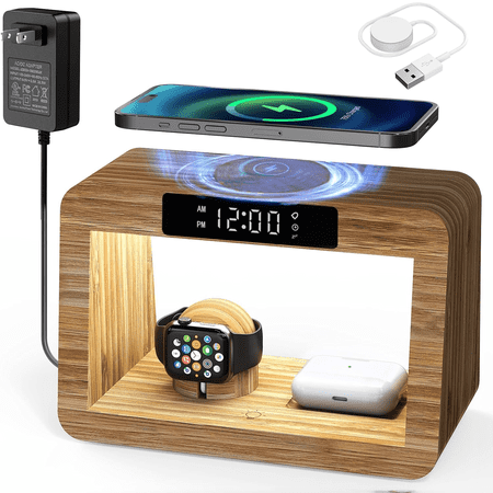 Digital Alarm Clock with phone and Watch Airpods Charging Station,3 in 1 Charger with Dimmable Night Light,Bamboo Phone Charging Dock, Gifts For Men