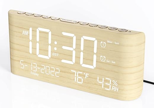 Digital Alarm Clock with Weekday/Weekend Mode, Dual Alarm,Adjustable Volume,Temperature & Humidity Monitor, Calendar,5 Levels Dimmer,12/24H,Snooze,Battery Backup,Loud Alarm Clock for Heavy Sleeper