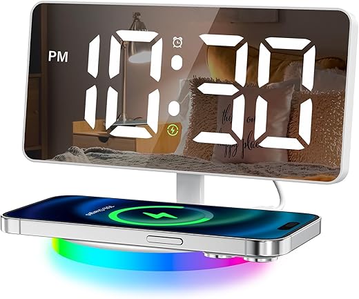 Digital Alarm Clock with Wireless Charging, Mirrored LED Clock for Bedroom Decor with 5 Brightness+OFF, USB Charger, Progressive Volume, Dimmable Light Alarm Clock for Home, Bedroom Office Decor