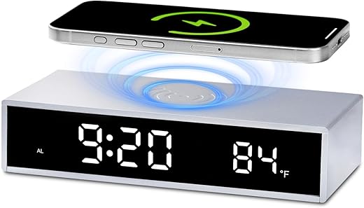 Digital Alarm Clock with with Wireless Charging, 15W Fast Wireless Charger for iPhone 16, Night Time Mode, Adjustable Brightness, Snooze, 12/24H, LED Clock for Bedroom, Bedside, Office,