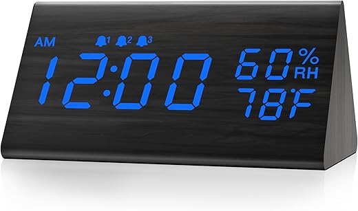 Digital Alarm Clock, with Wooden Electronic LED Time Display, 3 Alarm Settings, Humidity & Temperature Detect, Wood Made Electric Clocks for Bedroom, Bedside, Blue Digit Display