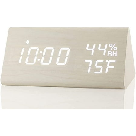 Digital Alarm Clock, with Wooden Electronic LED Time Display, 3 Alarm Settings, Humidity & Temperature Detect, Wood Made Electric Clocks for Bedroom, Bedside (White)