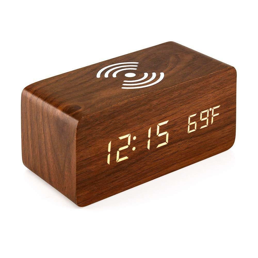 Digital Alarm Clock Wooden Table Desk Bedside LED Clock With Wireless Charger