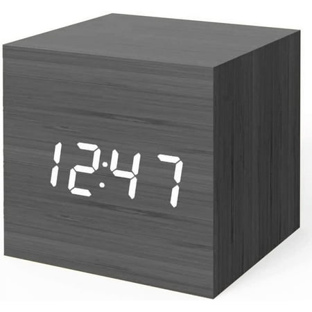 Digital Alarm Clock, Wood LED Light Mini Modern Cube Desk Alarm Clock Displays Time Date Temperature Kids, Bedroom, Home, Dormitory, Travel (Black)