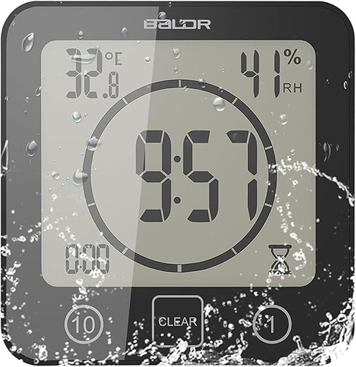 Digital Bathroom Shower Wall Clock Timer, LCD Digital Wall Clock with Suction Waterproof Temperature Humidity Gauge, Touch Screen Timer, Large Countdown Visual Timer Hanging Wall Clock (Black)