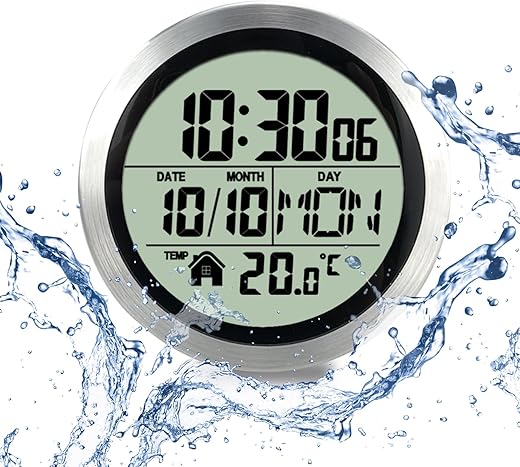 Digital Bathroom Waterproof Wall Clock, Indoor Wall Clock with Suction Cup, Plastic Frame, Flexible Choice for Hanging Or Standing, Modern Silent Small Wall Clock for Living Room and Kitchen