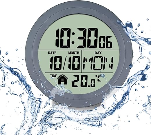 Digital Bathroom Waterproof Wall Clock, Indoor Wall Clock with Suction Cup, Plastic Frame, Flexible Choice for Hanging Or Standing, Modern Silent Small Wall Clock for Living Room and Kitchen