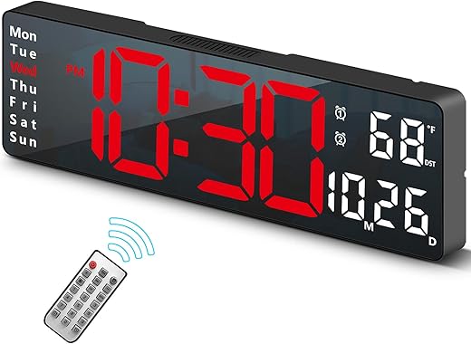 Digital Clock, Digital Wall Clock for Living Room Decor, Desk Alarm Clock for Bedroom, Large Wall Clock with Remote Control, Automatic Brightness Dimmer LED Clock with Date Temperature Week (Red-B)