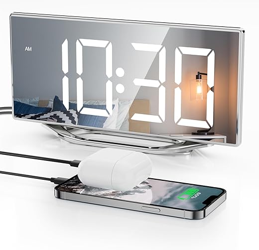 Digital Clock for Living Room, 8.7 LED Mirror Alarm Clocks for Bedrooms with 2 USB Ports,7-Level Brightness,Snooze,12/24H Display Modern Loud Nightstand Clock for Heavy Sleepers Adult Home Office