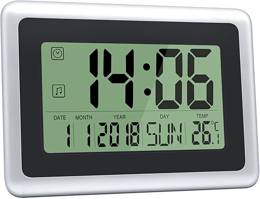 Digital Clock with Calendar & Temperature, Large LCD Screen Alarm Clock with Extra Large Digits, Easy to Read and Set, Perfect for Seniors (Black w/Silver)