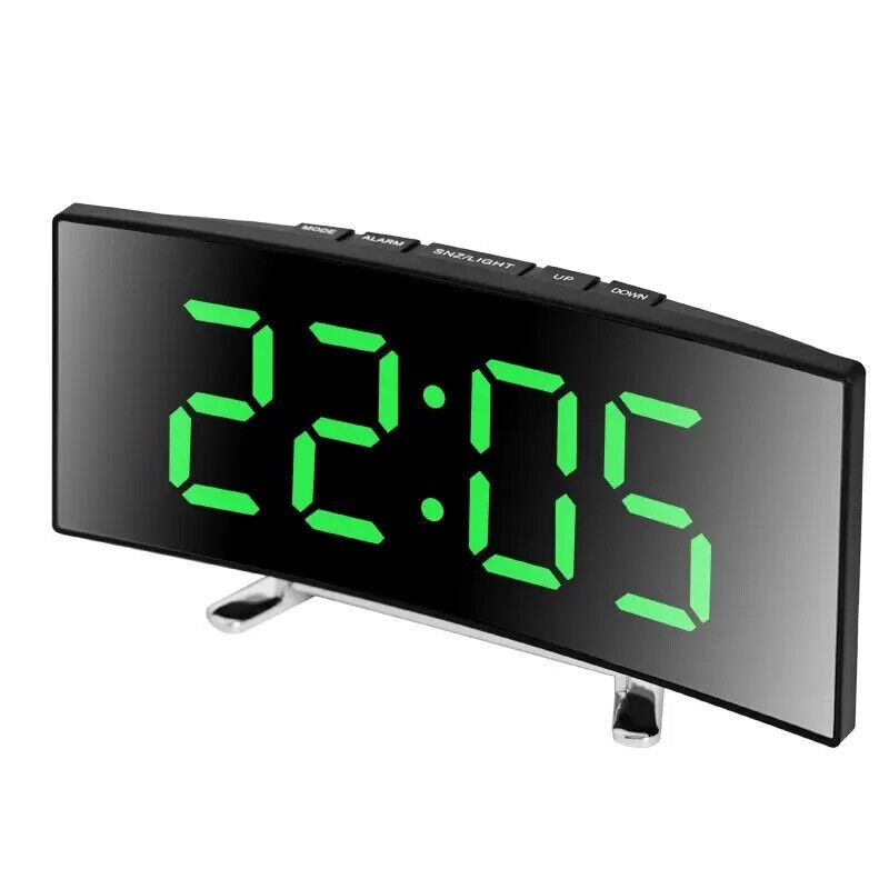 Digital Curved LED Large Mirror Alarm Clock Snooze Temperature NightMode Battery