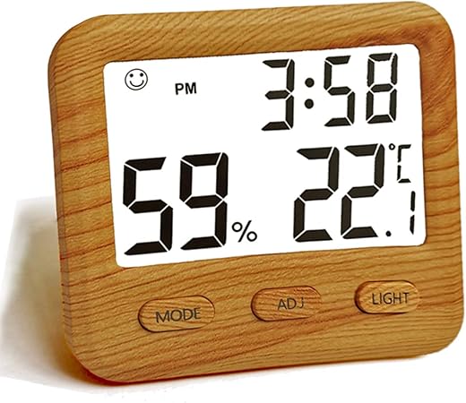 Digital Hygrometer Indoor Thermometer, Temperature Humidity Gauge with Desk Clocks for Bedroom Office,Backlit Accurate Monitor Clear Reading,Time Display Room Thermometer for Home Greenhouse Wooden