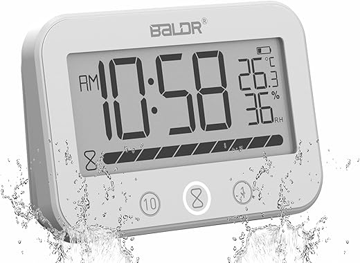 Digital LCD Waterproof Timer Shower Clock, Waterproof for Water Spray, Bathroom Clock Wall Mount, Two Suction Cup, Displays Time, Temperature, and Indoor Relative Humidity (1, White)