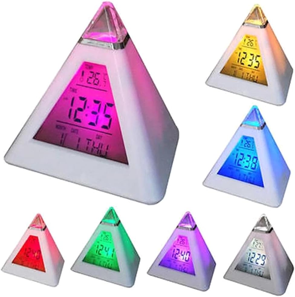 Digital LED Alarm Clock, Pyramid Shape Digital Led Alarm Clock Time Date Temperature Display 7 Colors Changing Night Light Desk Clock with Temperature Time Date for Bedroom Living Room (White)