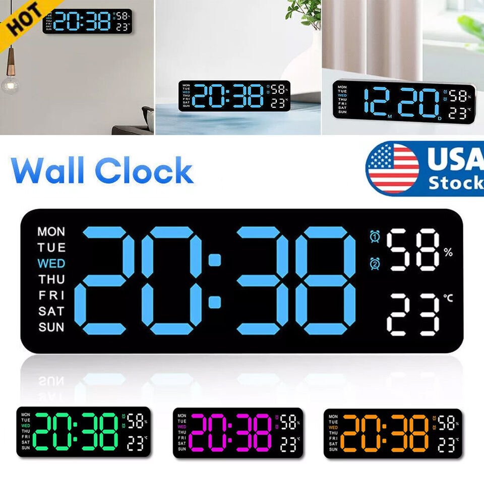Digital LED Large Display Wall Desk Alarm Clock With Calendar Temperature Date