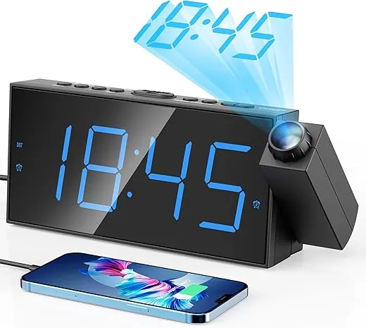 Digital Projection Alarm Clocks for Bedrooms - Large LED Display, 180° Rotatable Projector, 5-Level Dimmer,USB Charger,Battery Backup,Loud Dual Alarms for Kids Elderly,Heavy Sleepers,Snooze,12/24H,DST