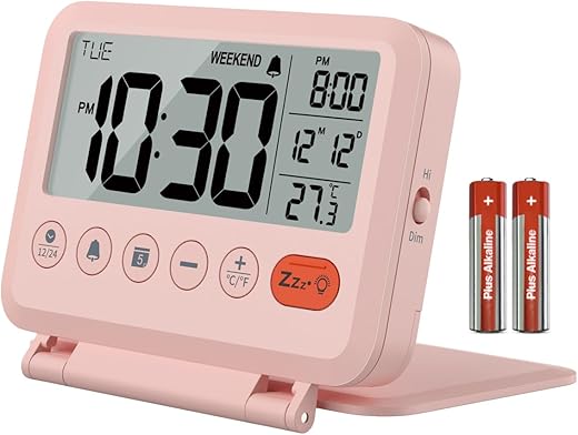 Digital Travel Alarm Clock - 3.54 inch LCD Display, 9-Minute Snooze, 2 Volume Levels, Backlight, Battery Included (Pink)