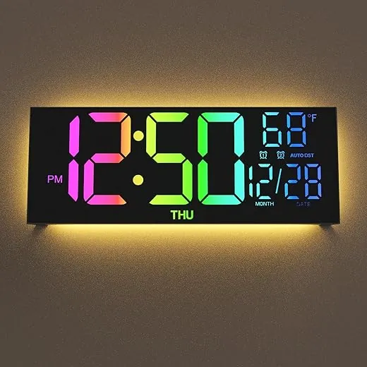 Digital Wall Clock Large Display, 13 Large Digital Wall Clock with RGB Color Remote Control, Automatic Brightness Dimmer Big Clock with Night Lights, Auto DST, Date Week,Perfect for Gift