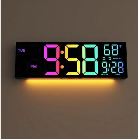 Digital Wall Clock Large Display, 16.2 Digital Wall Clock with Color Changing Remote Control, Automatic Brightness Dimmer with Night Lights, Auto DST, Date Week,Temperature