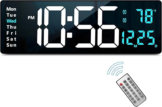 Digital Wall Clock Large Display, 16.2 Inch Large Wall Clocks, LED Digital Clock with Remote Control for Living Room Decor, Automatic Brightness Dimmer Clock with Date Week Temperature (Blue)