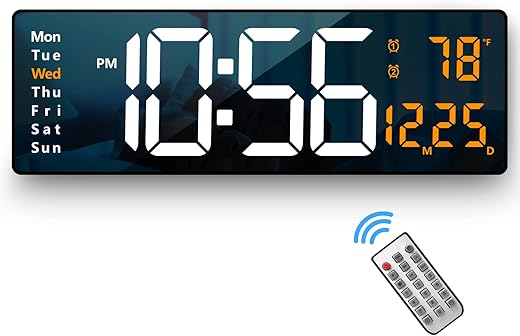 Digital Wall Clock Large Display, 16.2 Inch , LED Digital Clock with Remote Control for Living Room Decor, Automatic Brightness Dimmer with Date Week Temperature (Orange)