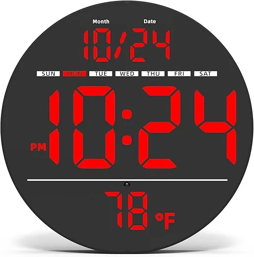 Digital Wall Clock with Large LED Display, Auto-Brightness, Temperature, Low-Reflectivity, Small Silent Non-Ticking Modern Electric Wall Clock for Bedroom, Living Room, Office, Classroom, Farmhouse