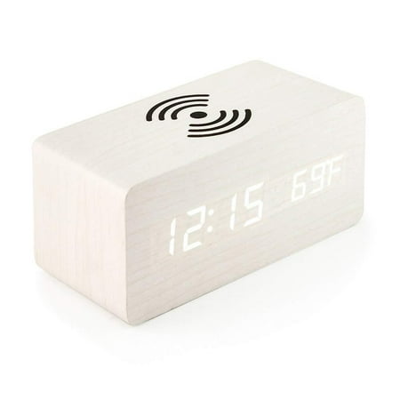 Digital Wooden Alarm Clock with Wireless Charging,Weekday/Weekend Mode, Snooze, Wood LED Clocks for Bedroom, Bedside, Desk, Kids,White wood，G36372