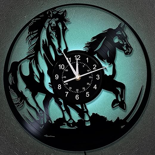 Dimmable Running Horse Wall Clock, 12 inches Wall Mount Vinyl Record Galloping Horse LED Clock, Racehorse Birthday Gifts for Women Men, Horse Decor for Bedroom Living Room Home Farm