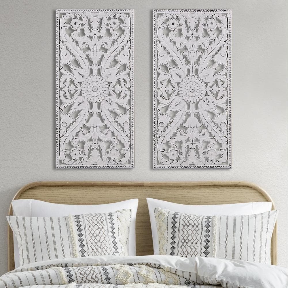 Distressed Matte White Finish Carved Lotus Flower Pattern Dimensional Wood Wall Art...