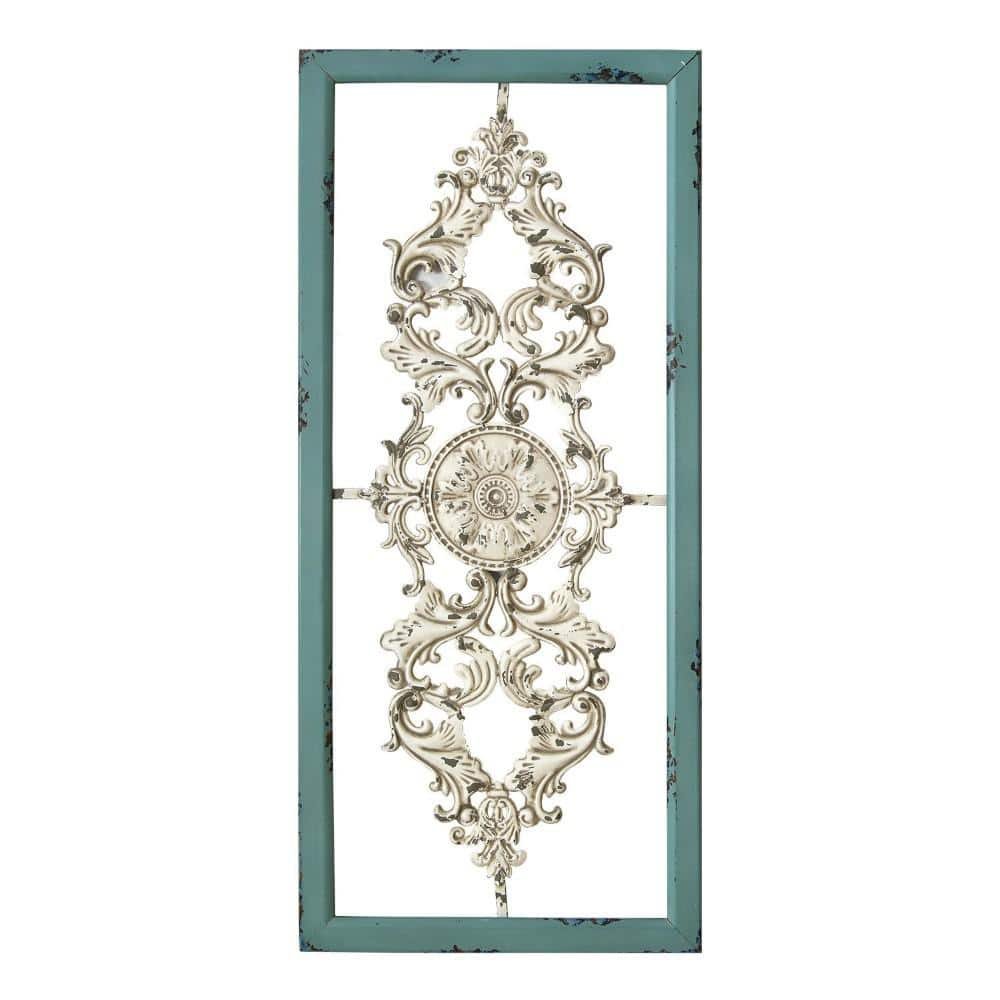 Distressed White & Turquoise Framed Scroll Metal Panel