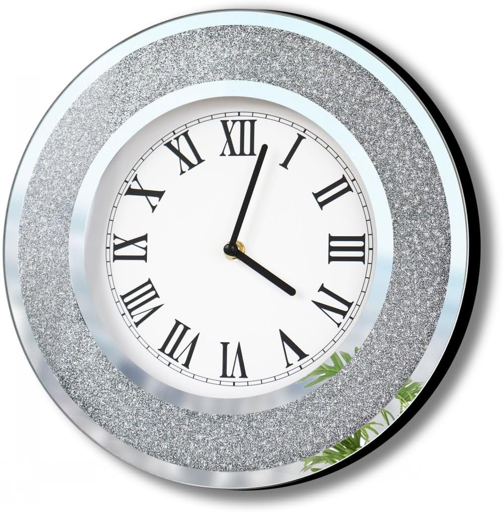 DMDFIRST Bling Silver Round Mirror Clock 12inch. Glam Sparkle Twinkle Shining Mirrored Wall Clock for Wall Decoration Silver Glass Mirror Home Decor. AA Battery is not Included.