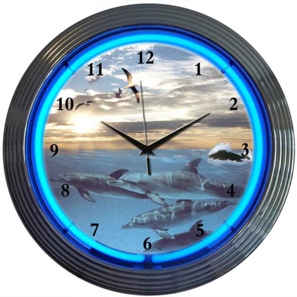 Dolphins At Sea Art Light Neon Clock 15"x15"