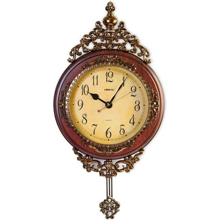 DONFU Elegant, Traditional, Decorative, Hand Painted Modern Grandfather Wall Clock Fancy Ethnic Luxury Handmade Decoration, Swinging Pendulum for New Room or Office. Large. 29.5 Inch. (Brown-B)