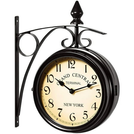 Double Sided Wall Clock Vintage Wall Clock Wall-Mounted Rotation Retro Train Station Clock Wrought Iron