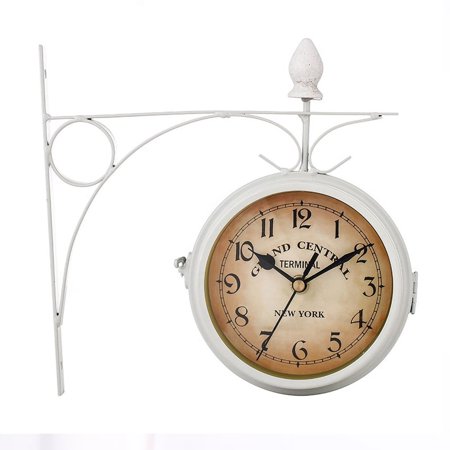 Double Sided Waterproof Wall Clock Retro Wrought Iron Metal Wall Clock Silent Indoor Outdoor Home Garden Wall Clock Decoration (White)