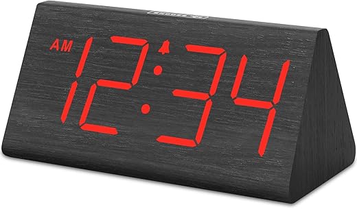 DreamSky Wooden Digital Alarm Clocks for Bedrooms - Electric Desk Clock with Large Red Numbers, USB Port, Battery Backup Alarm, Adjustable Volume, Wood Décor, Dimmer, Snooze, DST, 12/24H (Red)