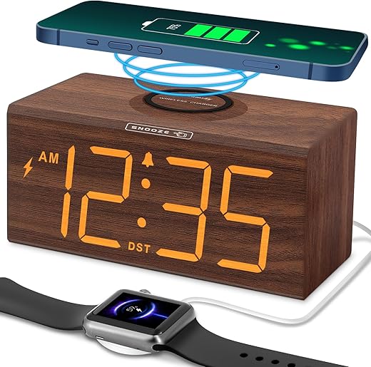 DreamSky Wooden Digital Alarm Clock with Wireless Charging for Bedroom, Bedside Nightstand Clock with Charger Station, USB Port, Large Numbers, Adjustable Volume, Brightness Dimmer, DST