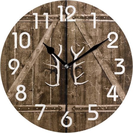 Dreamtimes 3D Rural Wooden Gate with Antler Handles Print Round Wall Clock Decorative, 10 Inch Battery Operated Quartz Analog Quiet Desk Clock for Home,Office,School