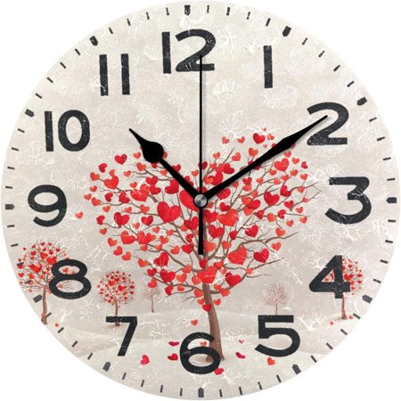 Dreamtimes Chic Heart Shaped Trees Valentine Pattern Round Wall Clock Decorative, 10 Inch Battery Operated Quartz Analog Quiet Desk Clock for Home,Office,School