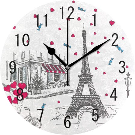 Dreamtimes Home Decor French Eiffel Tower Paris Street Round Acrylic 10 Inch Wall Clock Non Ticking Silent Clock Art for Living Room Kitchen Bedroom