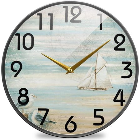 Dreamtimes Retro Nautical Boat Seagull Round Wall Clock, 12 Inch Silent Battery Operated Quartz Analog Quiet Desk Clock for Home,Office,School,Kitchen