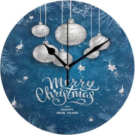 Dreamtimes Round Digital Clock Merry Christmas Silver Ball Cedar Sequins Creative Decorative Quiet Not Ticking Clock,Bedroom Living Room Bathroom Kitchen Office Wall Ornament, 10In